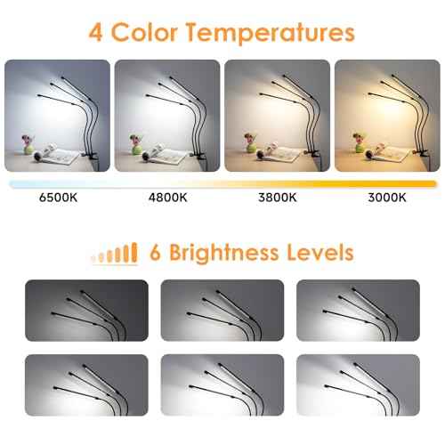 ShineTech 3-Head LED Desk Lamp with Clamp, Eye-Caring Clip-on Light for Home Office, 4 Color Modes & 6 Brightness Levels, 360¡Æ Flexible Gooseneck Desk Lights for Dorm Room, Reading, Nail, Black