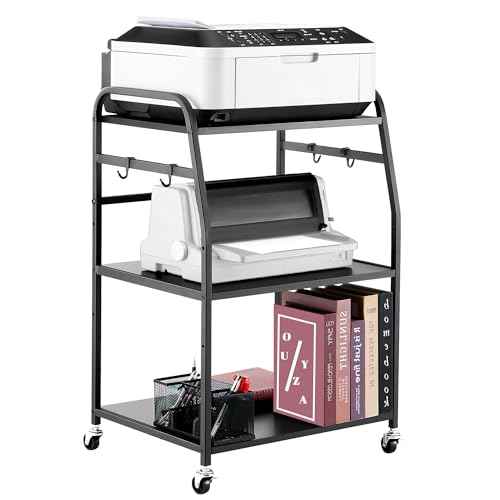 Printer Stand - Large 3 Tier Printer Table with Adjustable Storage Shelf - Rolling Cart with Wheels -Stable Desk for Home Office Use (Black)