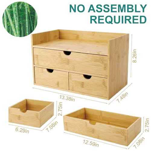 3 Drawer Bamboo Desk Organizer with Shelf ? Makeup Storage & Tabletop Organizer for Home Office, Workspace, or Bathroom ? No Assembly Required