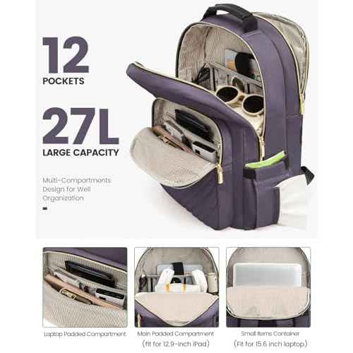 LOVEVOOK Laptop Backpack Purse for Women, Large Capacity Travel Business Computer Work Bag, Quilted Casual Nurse Backpack for Womens, Fit 15.6 Inch Laptop with USB Port, Purple Grey