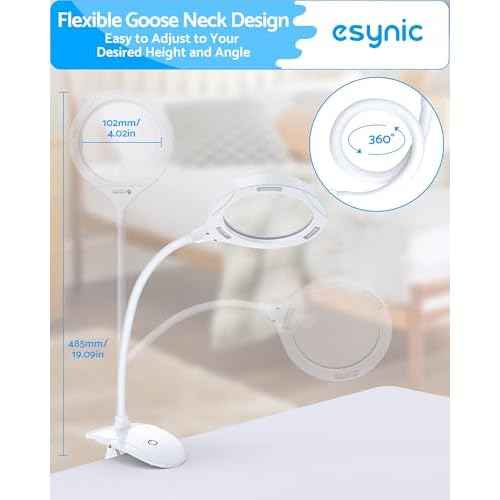 eSynic Magnifying Glass with Light and Stand USB-C Rechargeable 5X &10X 110mm Large Len 15 LEDs 3 Brightness Levels Flexible Desktop Magnifier Lamp with Clamp & Base for Reading Crafts Jewelry Repair