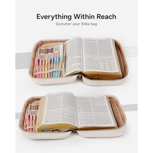 Quilted Vegan Leather Bible Cover, Color-Blocked Bible Cover Case for Women, Large Bible Carrying Case with Handle, Bible Study Supplies & Christian Gift for Women (White & Brown, M/L)