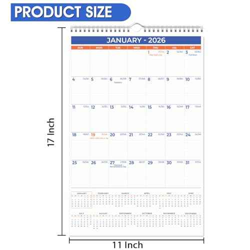 2026 Wall Calendar - January 2026 - December 2026, 12 Monthly Hanging Calendar, 2026 Planner, Size 11" x 17", Spiral Binding, Holidays, Julian Dates, Large Blocks, Twin-Wire Binding, Hanging Hook