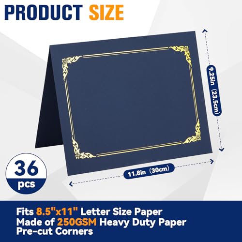 Prixzelkym 36-Pack Navy Certificate Holders 8.5x11 with Gold Foil Border, 250gsm