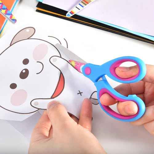 Kids Scissors Set, Safety Children Scissors with Blunt-Tip Floral Print Blade and Soft Grip, Great for DIY, Arts, Home, School Classroom Use, Blue/Purple/Yellow