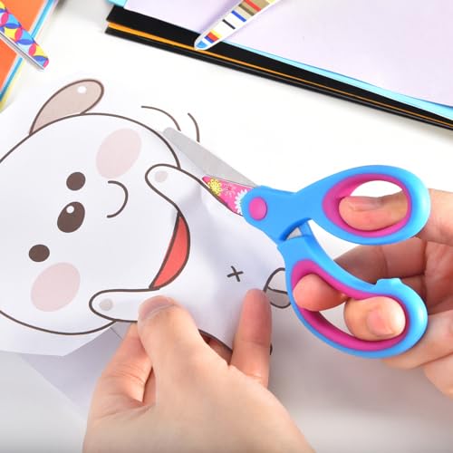 Zicolu Kids Safety Scissors 3-Pack, Blunt Tip, Ambidextrous, 5 Inch, Floral Print, Soft Grip, For DIY, Arts & School (Purple/Blue/Yellow)