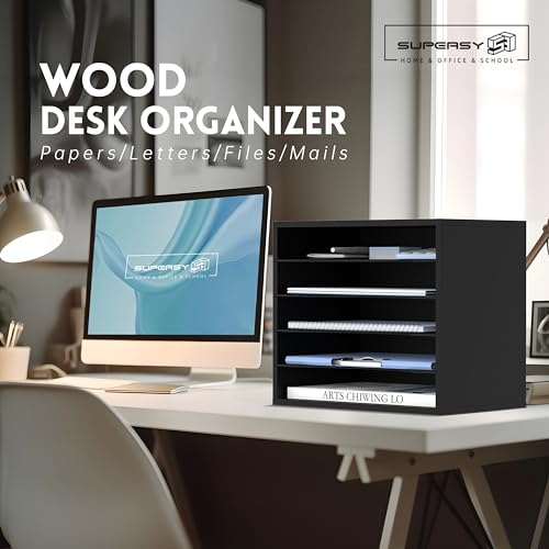 SUPEASY 5-Tier Black Wood Desk Organizer – 13.4 x 9.1 x 12 Inches, Multi-Compartment Paper & Mail Sorter