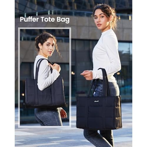 LOVEVOOK Laptop Bag for Women, Puffer Tote Bag for Work 15.6 Inch Large Computer Briefcase for Teacher Nurse, Quilted Lightweight Casual Shoulder Bag For Travel, Daily