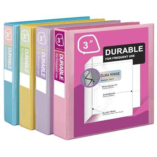 Zzrywuty Durable 3 Ring Binder, 3 Inch, Economy 4 Pack, Each Holds 675 Pages, D-Ring Presentation View Binders for Office, School, Home (Pastel Assortment)
