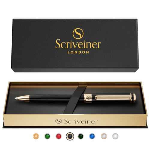 Scriveiner Black Lacquer Ballpoint Pen -Stunning Luxury Pen, Real Gold Plating, Schmidt Black Refill, Best Gift Set for Men & Women, Professional Executive Office, Nice Fancy Designer Pens