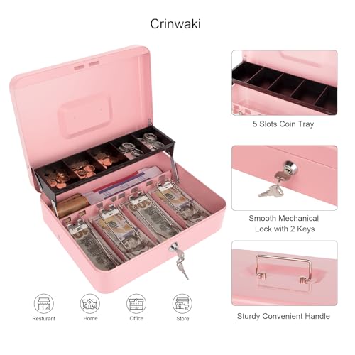 Crinwaki Pink Cash Box with Money Tray and Key Lock – Large Pink Cash Drawer Safe