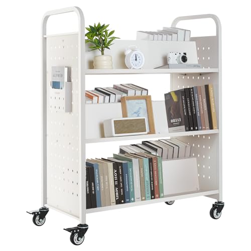 VEVOR White Rolling Library Book Cart, 330 lbs Capacity, 38.2 x 20.3 x 48.2-Inch W-Shaped 3-Tier with Lockable Wheels