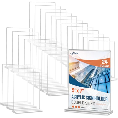 Dynta 24 Pack Acrylic Sign Holder 5x7 Inches Double Sided Picture Frame T Shape Flyer Menu Holder Table Vertical Plastic Clear Display Stand for Restaurant Office Retail Home Wedding