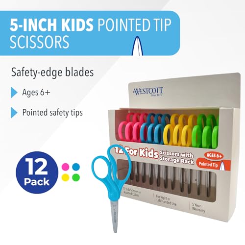 Westcott 12-Pack Kids Safety Scissors - 5-Inch Pointed Childrens Craft & School Shears
