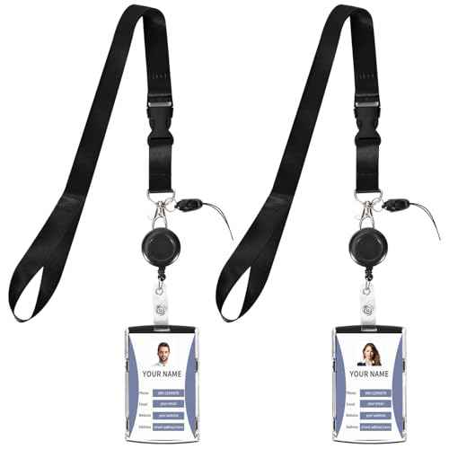ID Badge Holder Retractable with Reel Clip Keychain,Lanyards for Cruise Ship Cards,Easy Swap Tag Without Removing Lanyard£¬2Pack for Office School Hospital Travel(Black,Vertical)