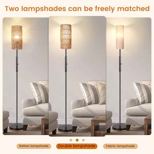 PARTPHONER Boho Floor Lamp for Living Room with 3 Color Temperatures LED Bulb, Standing Lamp Tall Lamp Reading for Bedroom, Office, Kids Room (9W LED Bulb, Rattan & Fabric Shades Included)