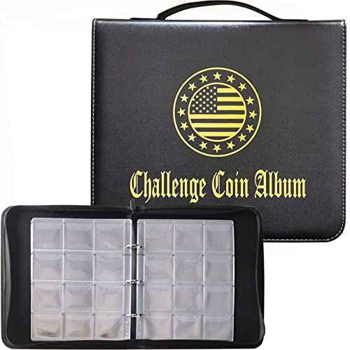 120 Pockets Challenge Coin Display Album Large Military Coin Collection Holder, Leather Storage Book with Zipper and Handle for Gold Silver Dollars, Pennies, Quarters, Stamps Collection