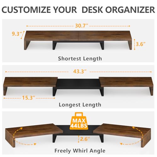 TAVR Dual Monitor Stand Riser, Computer Monitor Stands for 2 Monitors, Extra Long Multifunctional Desktop Organizer Riser for Computer, Laptop, PC, Printer, TV, Max 43.3" Length, Rustic Brown