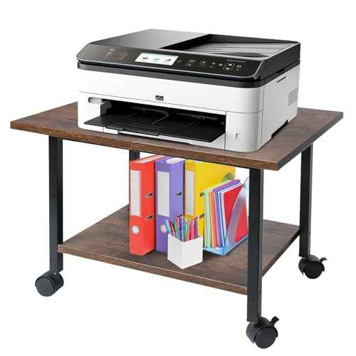 Printer Stand, Under Desk Printer Table with Wheels, 2 Tier Industrial Mobile Printer Table with Storage Shelf, Rolling Printers Cart Holder for Home, Office, Rustic Brown and Black