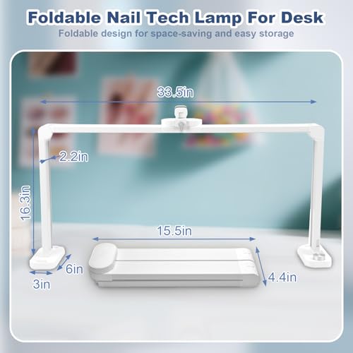 CGBE Foldable Nail Light for Desk with Phone Holder, Ultra-Large 33.5" Manicure Nail Tech Lights for Desk for Nails, Tattoos, Eyelash, Facial, Beauty (White)