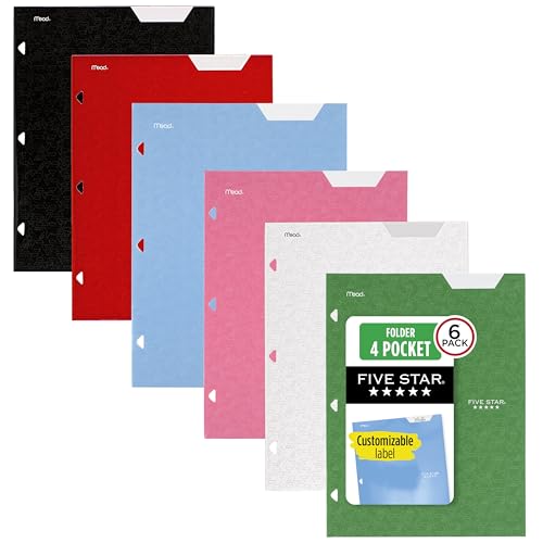 Five Star 4-Pocket Folder Set - 6 Assorted Colors, Fits 3-Ring Binders, Holds 8.5x11 Paper, Black/Blue/Red/Green/Purple/White