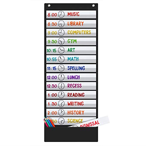 Godery Daily Schedule Pocket Chart Black with 18 Dry-Erase Cards - Classroom & Home Organizer
