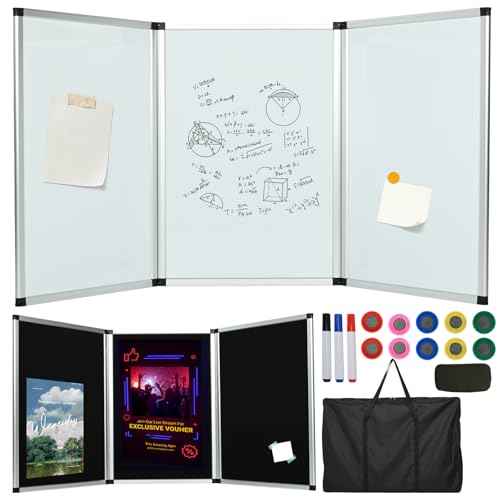 Trifold Display Board 3 Panel Trade Show Presentation Board with Presentation Whiteboard Double Sided, 70.4 x 35.4in Aluminum Tabletop Display Folding Panel for Trade Show Table Top