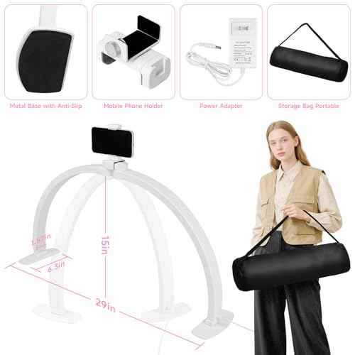 Half Moon Light for Mail Desk - 29" Foldable Arch Nail Desk Light for Nails Tech with Phone Holder, Professional LED Ring Nail Table Lamp for Manicure Salon Tattoo Eyebrows Beauty Lighting