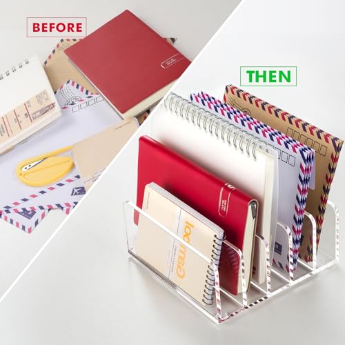 BEYGORM Clear Acrylic Mail Holder with 5 Compartments - Desk Organizer, Medium
