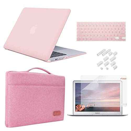 iCasso Case Compatible with MacBook Air 13 inch Case 2010-2017 Release Model A1369/A1466 Bundle Set, Plastic Hard Case Shell, Sleeve Bag, Screen Protector, Keyboard Cover and Dust Plug - Pink