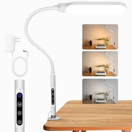 BQAN LED Desk Lamp with Clamp, 15W Eye-Caring Clip on Light, Adjustable Gooseneck Desk Lamps for Home Office with 5 Modes & 9 Brightness Levels for Reading, Studying, Nail Art, and Work (White)