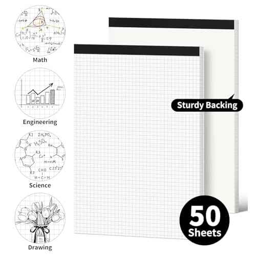 Graph Paper Notebook, 2 Pack, 8.5 x 11 Grid Paper, 4x4 Graph Ruled, 50 Sheets per Pad, Easy-Tear Perforations, 8.5 x 11 Cardboard Backing, for Math, Drafting, Drawing, Engineering