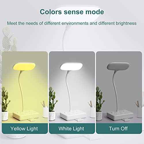 LED Desk Lamp with 2 USB Charging Port and 4 AC Power Outlet - 3 Lighting Modes, Adjustable Gooseneck, Eye-Caring Small White Table Lamp for Home Office College Dorm Room Essentials