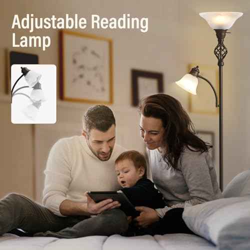 Torchiere Floor Lamp for Living Room, LED Standing Reading Light for Bedroom with Glass Shade for Living Room Corner Bedroom Home Office,Bulbs Included (Red Brown,Glass 2 Head)