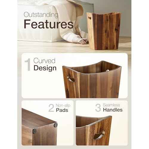 2 Gallons Rectangular Wastebaskets - Acacia Wood Waste Basket with Handles - Small Trash Can for Bathroom - Brown Garbage Bin for Spa Bathroom Decorative, Kitchen Counter, Living Room (Walnut)