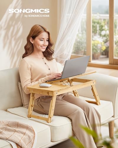 SONGMICS Light Bamboo Bed Laptop Desk, Adjustable Height & Tilt, 13.7"x21.8"