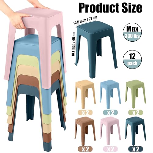 12-Piece Colorful Plastic Classroom Stools with Leather Cushioned Seats, 18 Inch Portable Backless Chairs for School, Office, Home