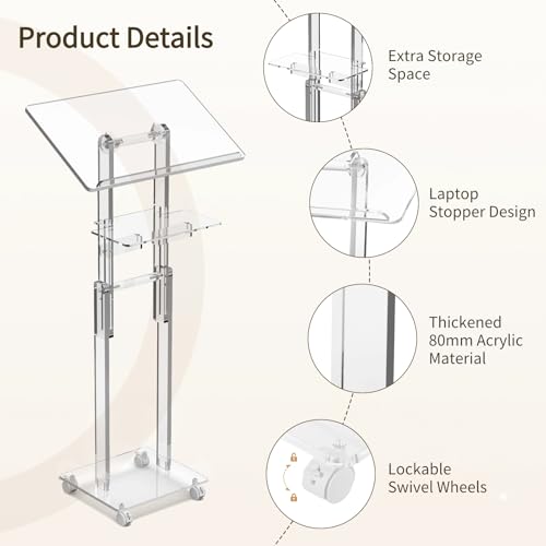 Joyoolife Adjustable Acrylic Podium Stand with Wheels, Tilt Top & Shelf (37.8-47.2 in)
