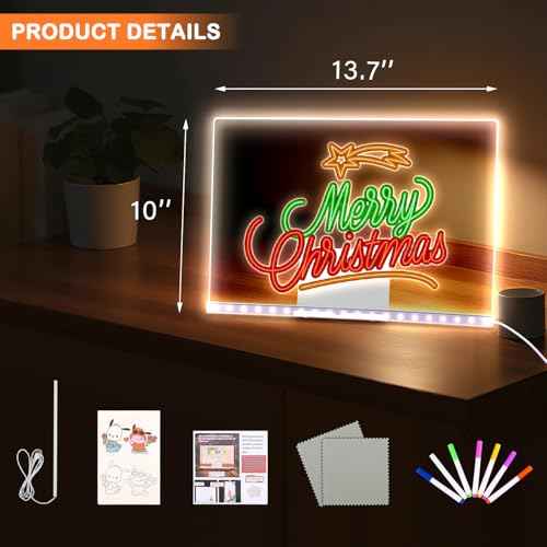 Led Note Board with 7 Color Markers, 13.7"X10" Acrylic Dry Erase Led Drawing Board with Stand Gifts for Halloween, Christmas, New Year, Birthdays, Weddings
