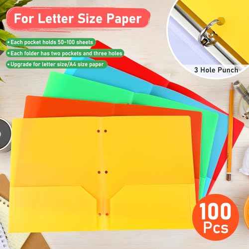 Seajan 100 Pcs Plastic Folders with Pockets, Heavy Duty, 2 Pockets, 3 Hole Punch, Letter Size, 5 Bright Colors