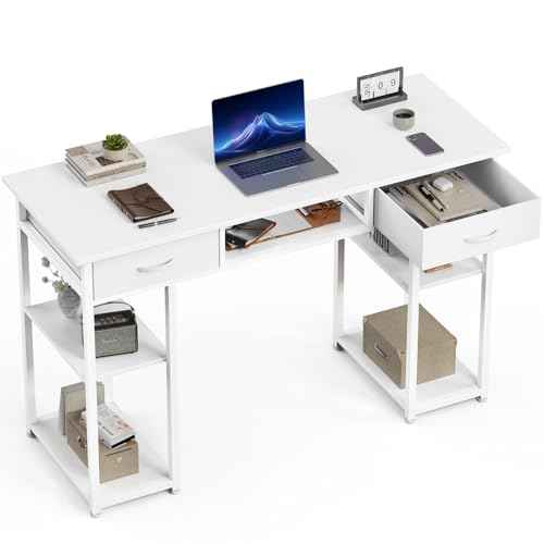 OLIXIS 48 Inch Desk with Drawers, Home Office Computer Desk with Adjustable Shelves on Both Sides, Study Writing Table with Adjustable Feet for Bedroom, White