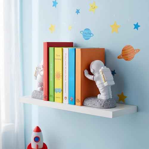 Astronaut Bookends - Space Decor for Kids Rooms & Home Office - Heavy Duty Book Holders with Anti-Slip Base - Cool Unique Design (Gold)