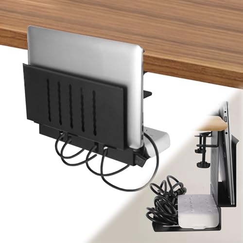 LUKETURE Desk Side Storage, Laptop Holder with Cable Management Tray, 2 in 1 Steel Under Desk Laptop Mount, Table Organization, Space Saving Table Accessories for Office and Home (Black)