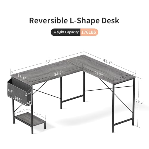 L Shaped Desk - 50" Reversible Home Office Computer Desk, Wood Top, Metal Frame, Side Bag, Sturdy Gaming Desk Corner Table for Work, Writing and Study, Space-Saving