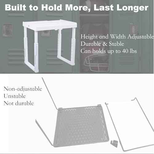 Adjustable Locker Shelf for School, Work & Gym Lockers ? Expandable Width & Height, Stackable, Magnetic Support, Durable Locker Organizer Shelf Fits Standard Lockers, White, Pack of 2