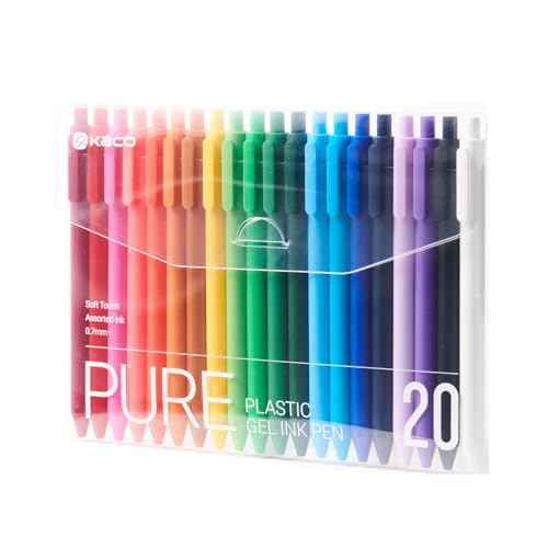 Kaco PURE Gel Pens 20 Pieces 0.7mm Assorted Color Ink Aesthetic Journaling Pens Cute, Retractable, Soft Touch Barrel, Quick Drying