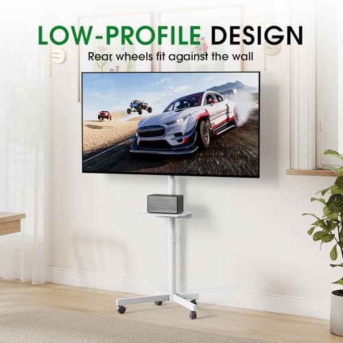 Xyndyx Rolling TV Stand 23-60 Inch White with Shelf, Adjustable Height & Tilt