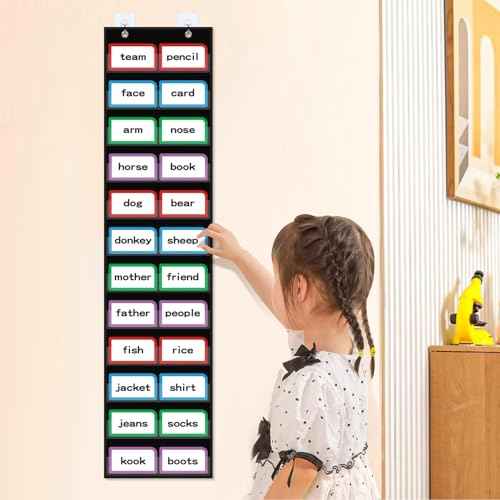 10¡±W x 48.25¡±H Classroom Words Pocket Chart with 12 Clear Pockets, Black Standard Pocket Chart for Classroom and Home for Sentence Strips, Reusable Words Hanging Pocket Chart (Black)