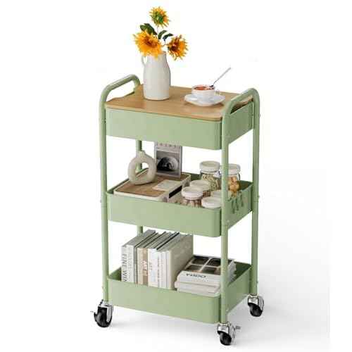 3 Tier Rolling Cart with Table top, Metal Rolling Utility Cart, Sturdy Storage Organizer Cart with Locking Wheels & Hooks for Office, Classroom, Kitchen and Bathroom