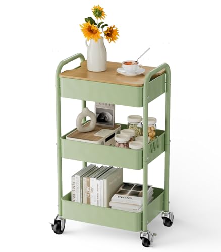 Johgee 3-Tier Rolling Cart with Tabletop - Locking Wheels, Removable Top Board, 150lb Capacity (Green)